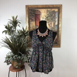 Everly Women’s Small Floral Sleeveless Babydoll Top Multicolor V-Neck Blouse Y2K